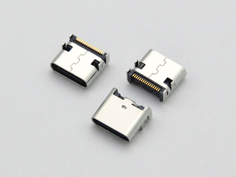 Type-C 16-pin female socket, one-piece style, board-mounted with four-legged insert, 7.60mm length, 1.62mm pitch, featuring surface mount technology (SMT) terminals, and a center cli